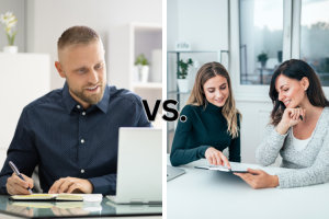 A man doing online coaching vs two women doing in office coaching