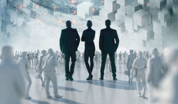 Team Corporate responsibility 3D Render. Unrecognizable group of business people stand in the middle of the crowd as a symbol of a leadership. Composite with digital futuristic background